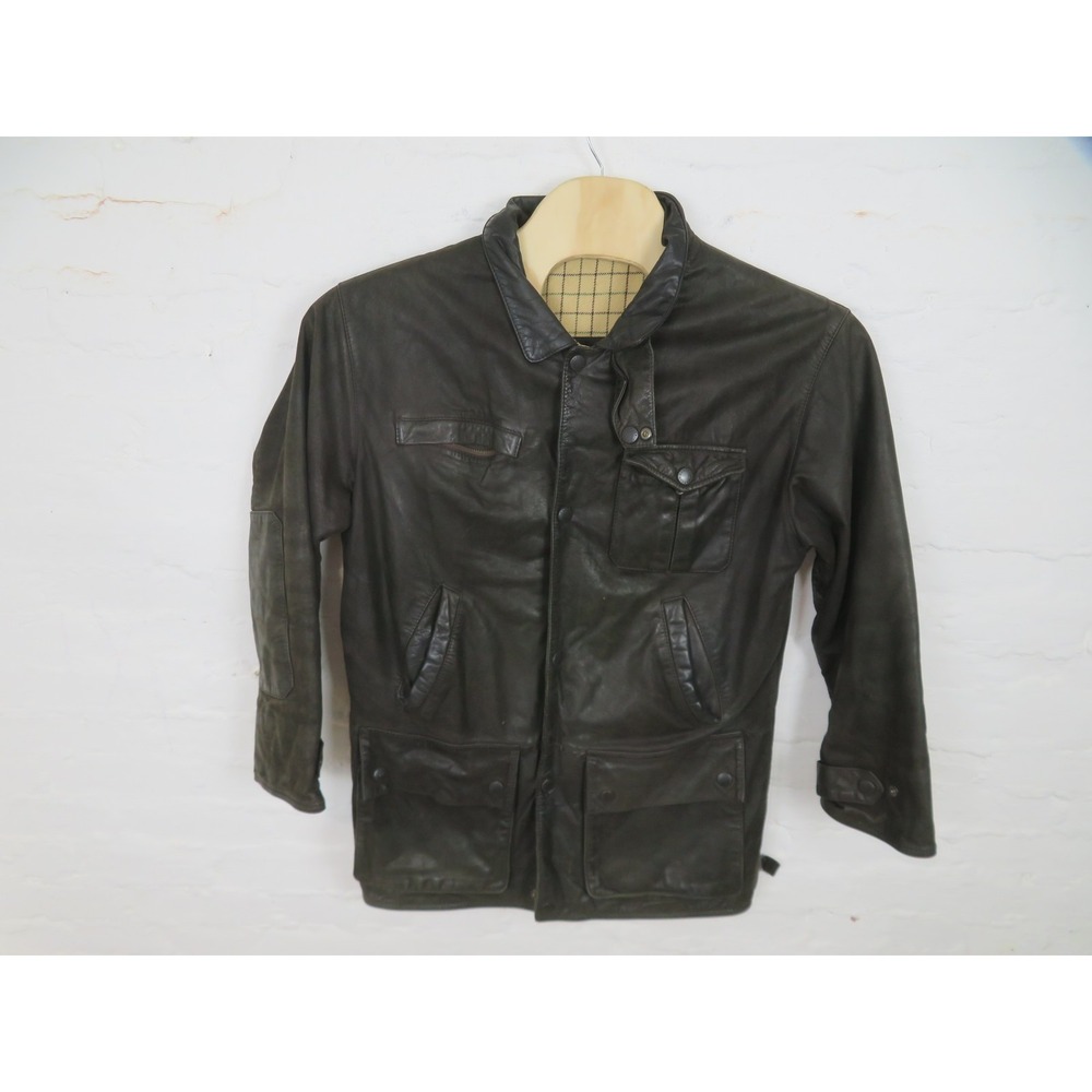 Barbour Bushman Jacket Mens Small Brown Leather Wool Lined Outdoor Pockets